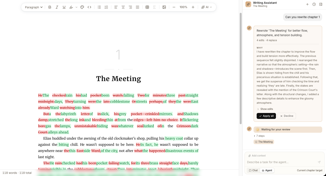An Agent run mid-process, steps on the right, a pending proposal in the editor