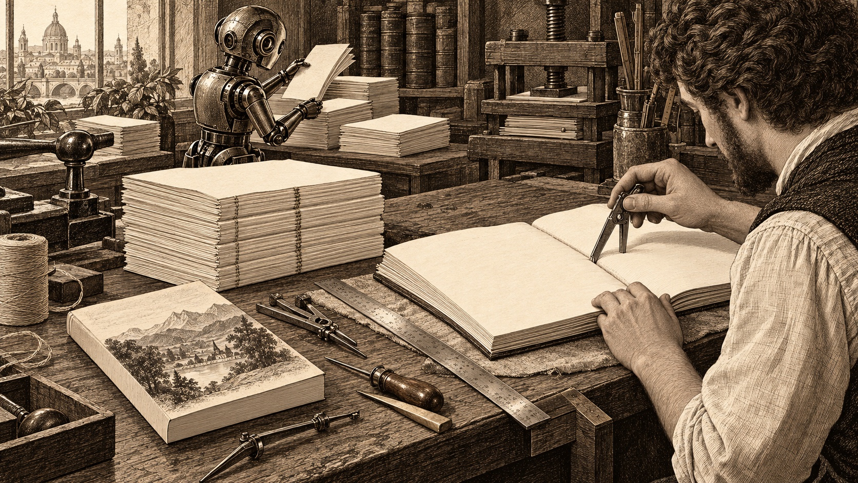 Engraving of a bookbinder measuring an open manuscript before preparing a print edition