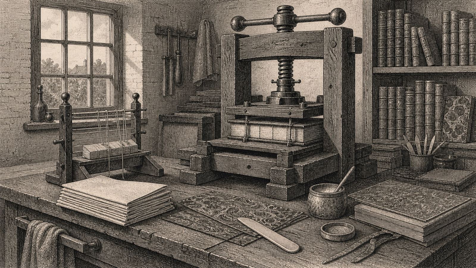 Engraving of a bookbinder’s workshop with a book press, sewing frame, folded signatures and finished volumes on a shelf