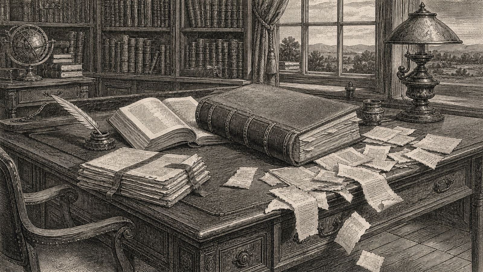 Engraving of a writer’s study: an ordered bound manuscript, bundled research and an open reference book on a desk, while loose note slips drift to the floor