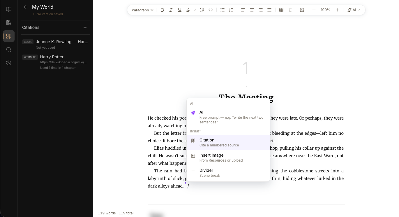 The Citations sidebar showing several citation sources, with usage counts