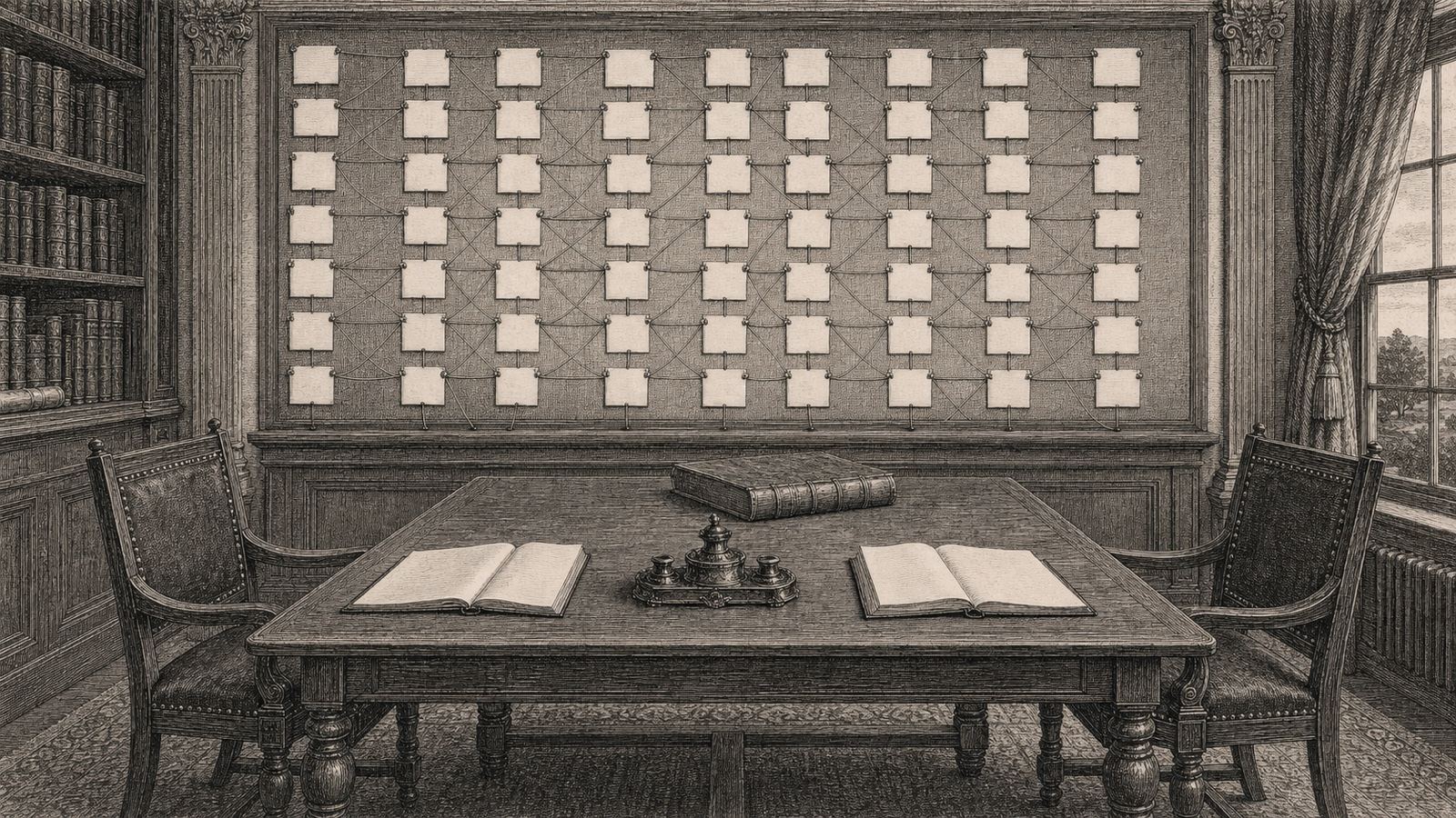 Engraving of a novelist’s planning room: a wall grid of pinned index cards joined by thread above a table with two open notebooks