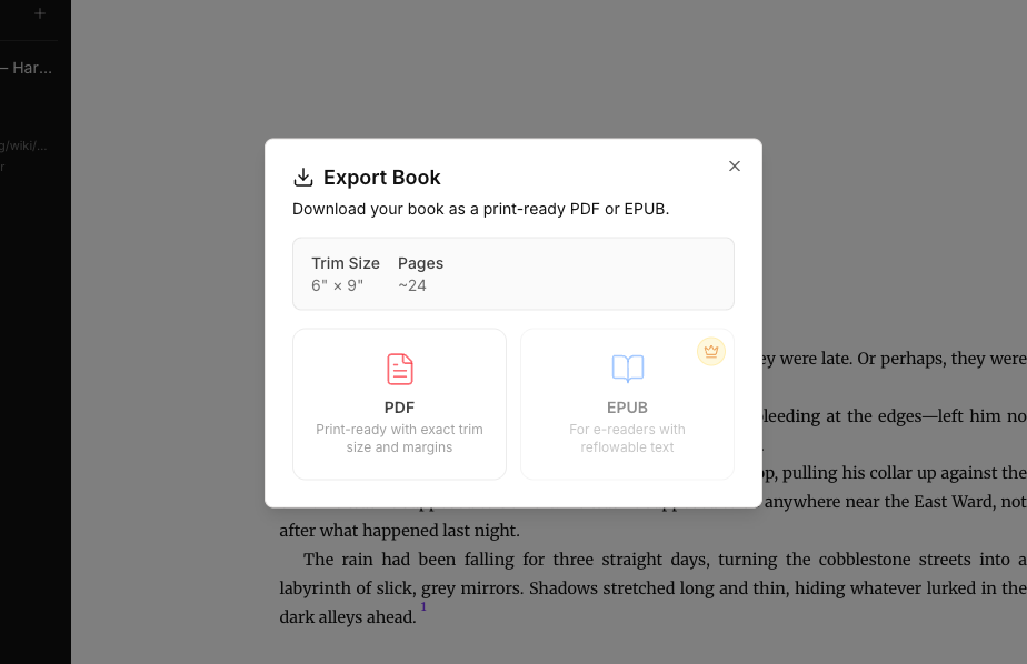 The Export Book dialog with PDF and EPUB cards