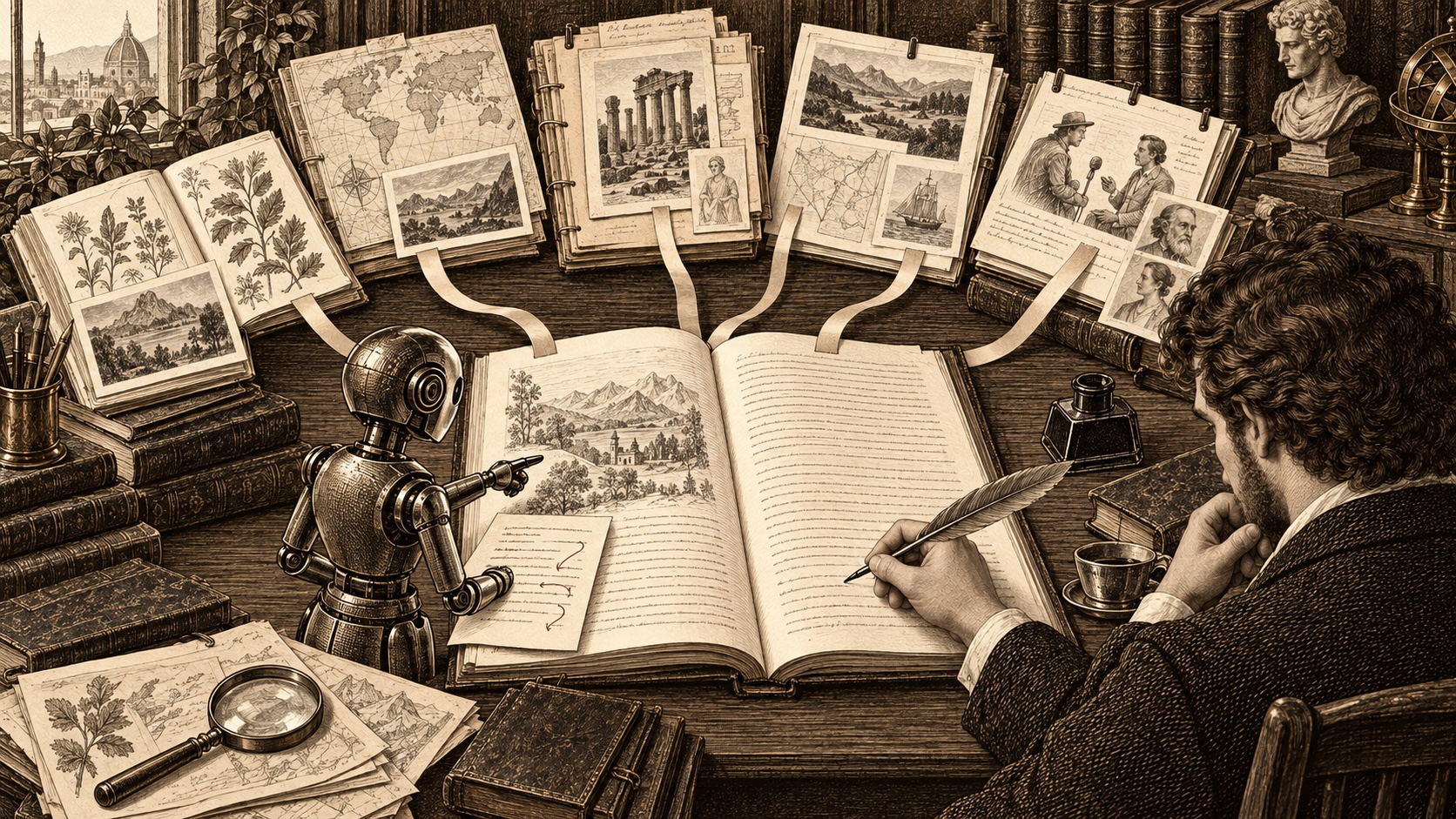 Engraving of an author writing a manuscript from research notebooks with a mechanical assistant nearby