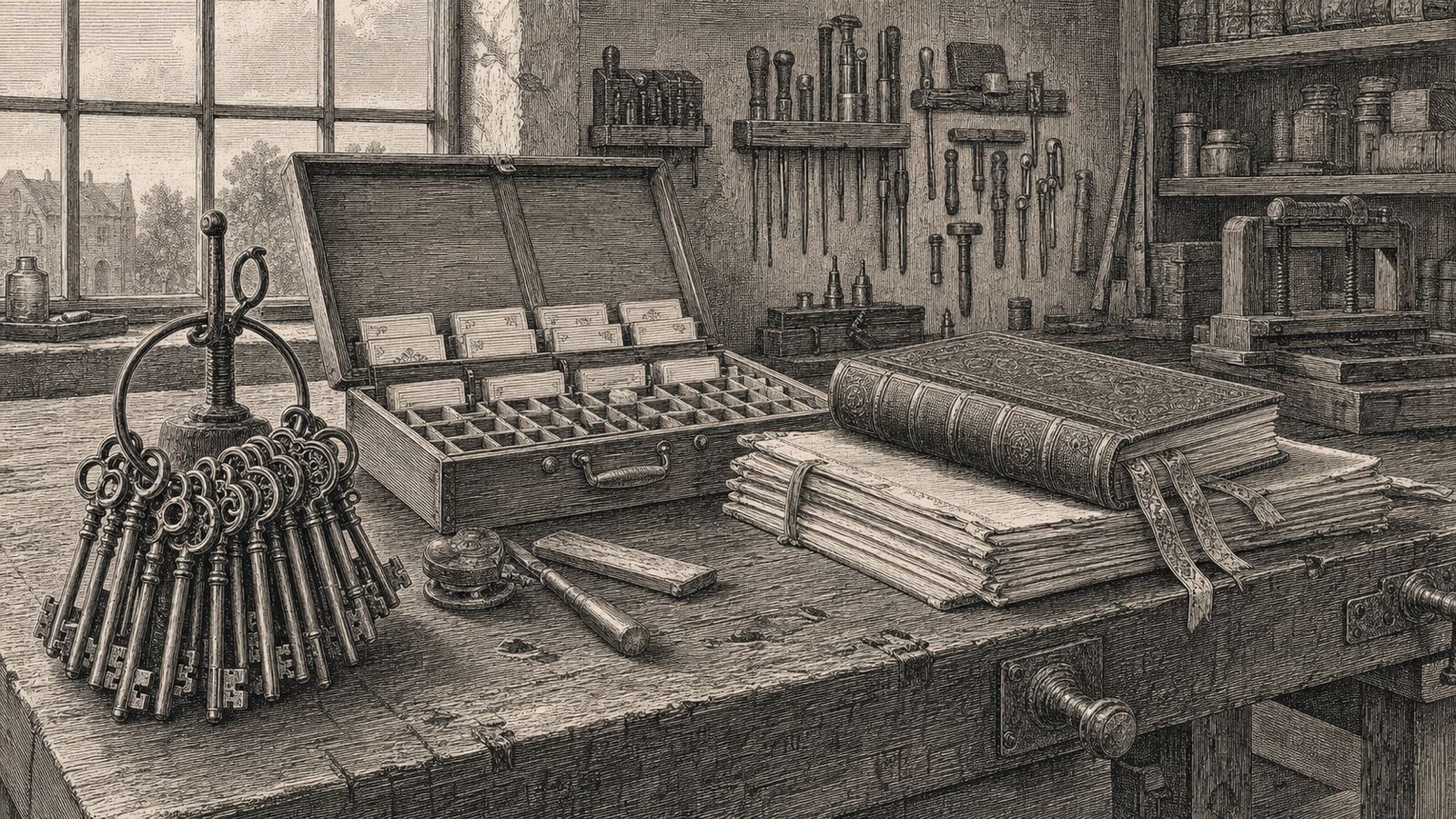 Engraving of a book craftsman’s workshop: a ring of keys, a typesetter’s case of labelled cards and one finished bound book beside research folios